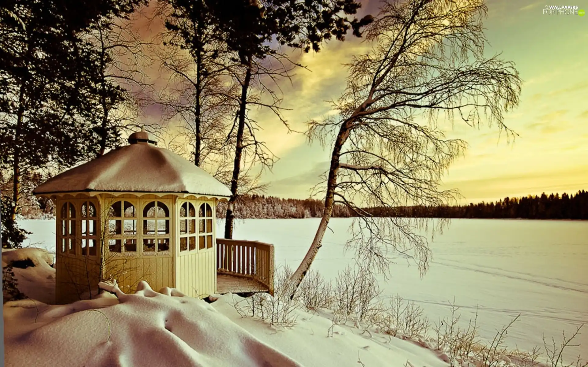 lake, arbour, winter, woods