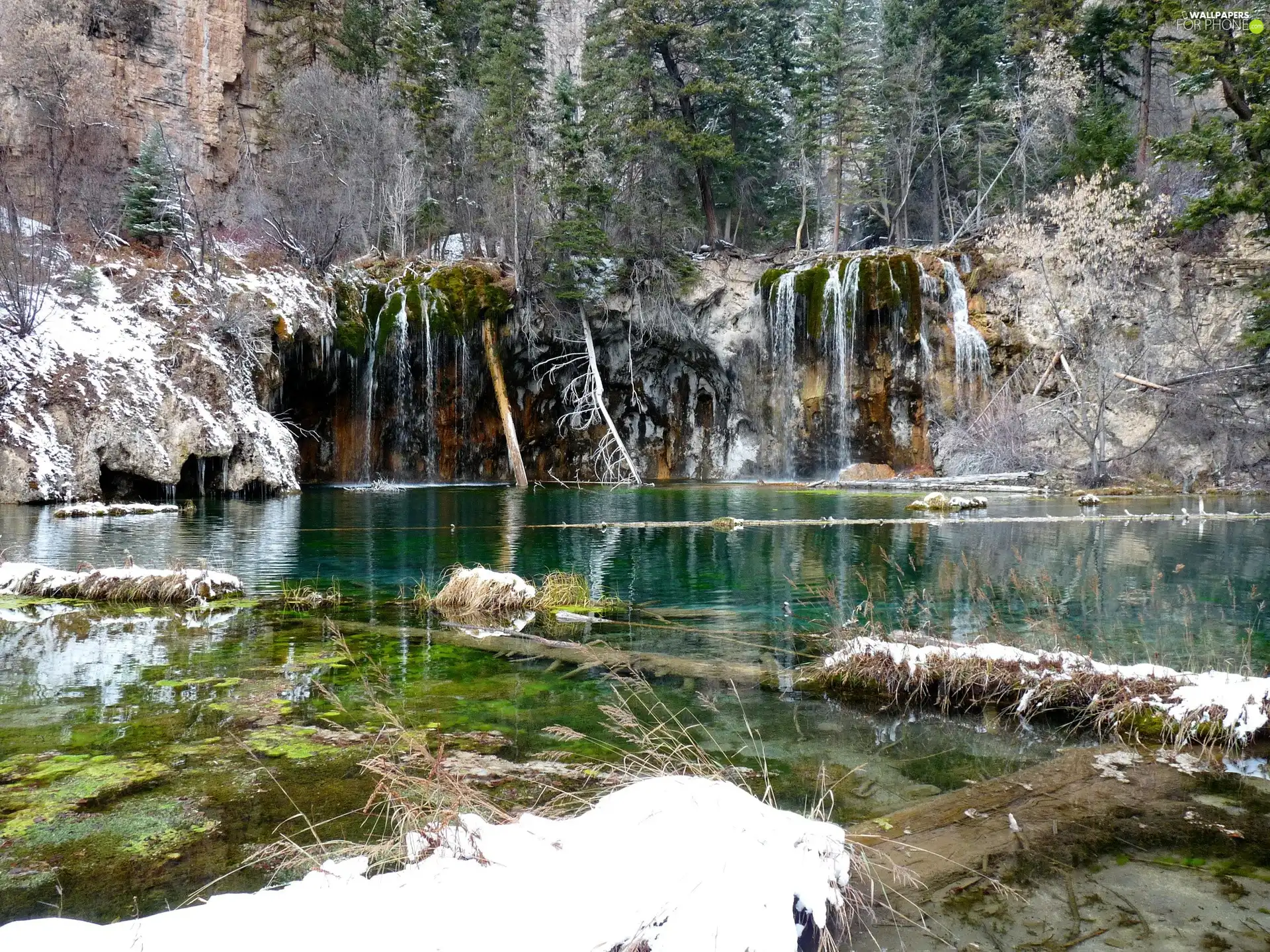 winter, waterfall, lake