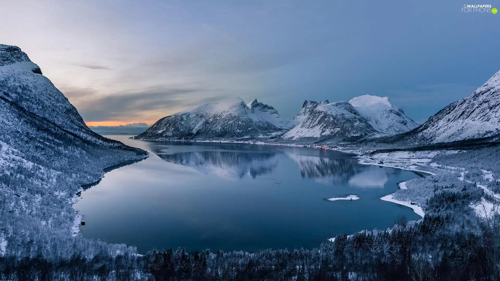 lake, woods, winter, Mountains