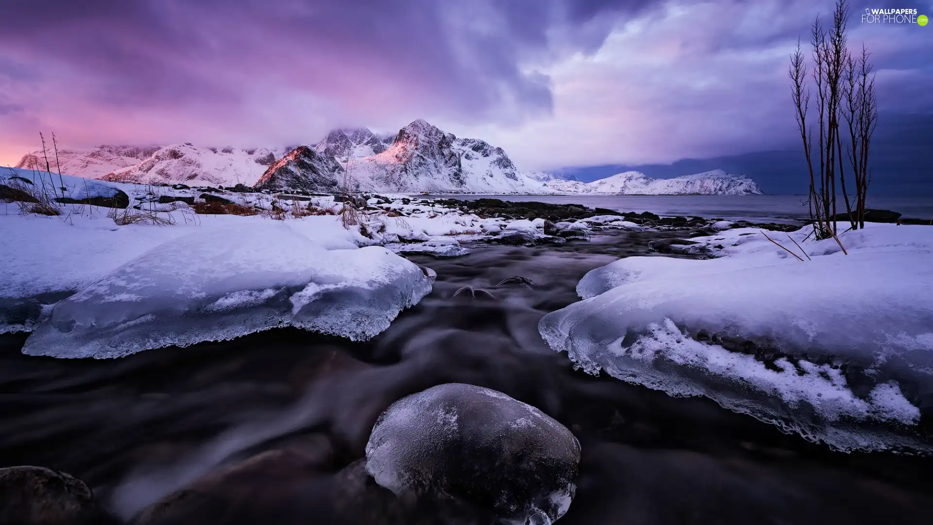 Mountains, Norway, snow, winter, sea, Lofoten