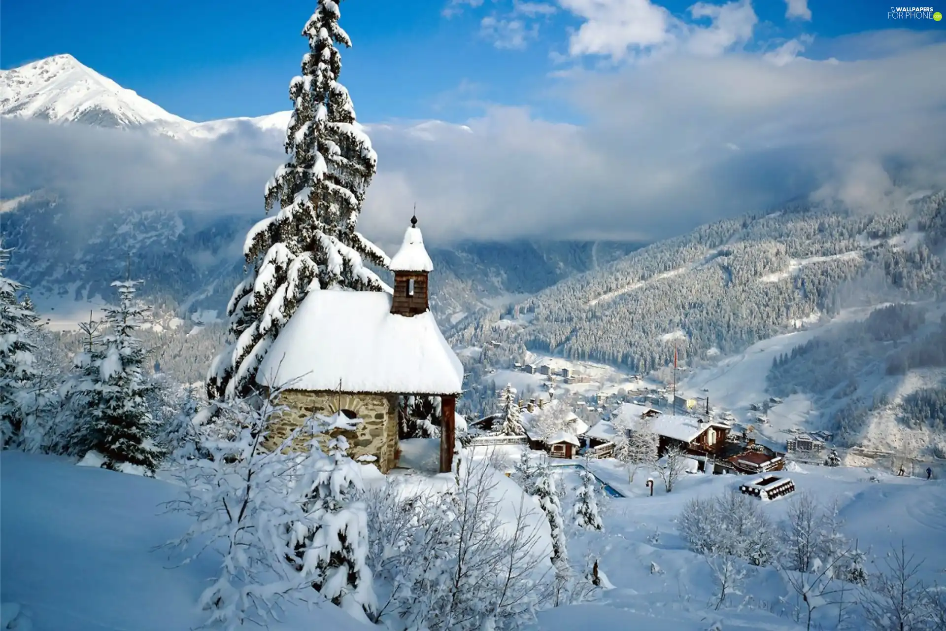 mountain, church, winter, Town