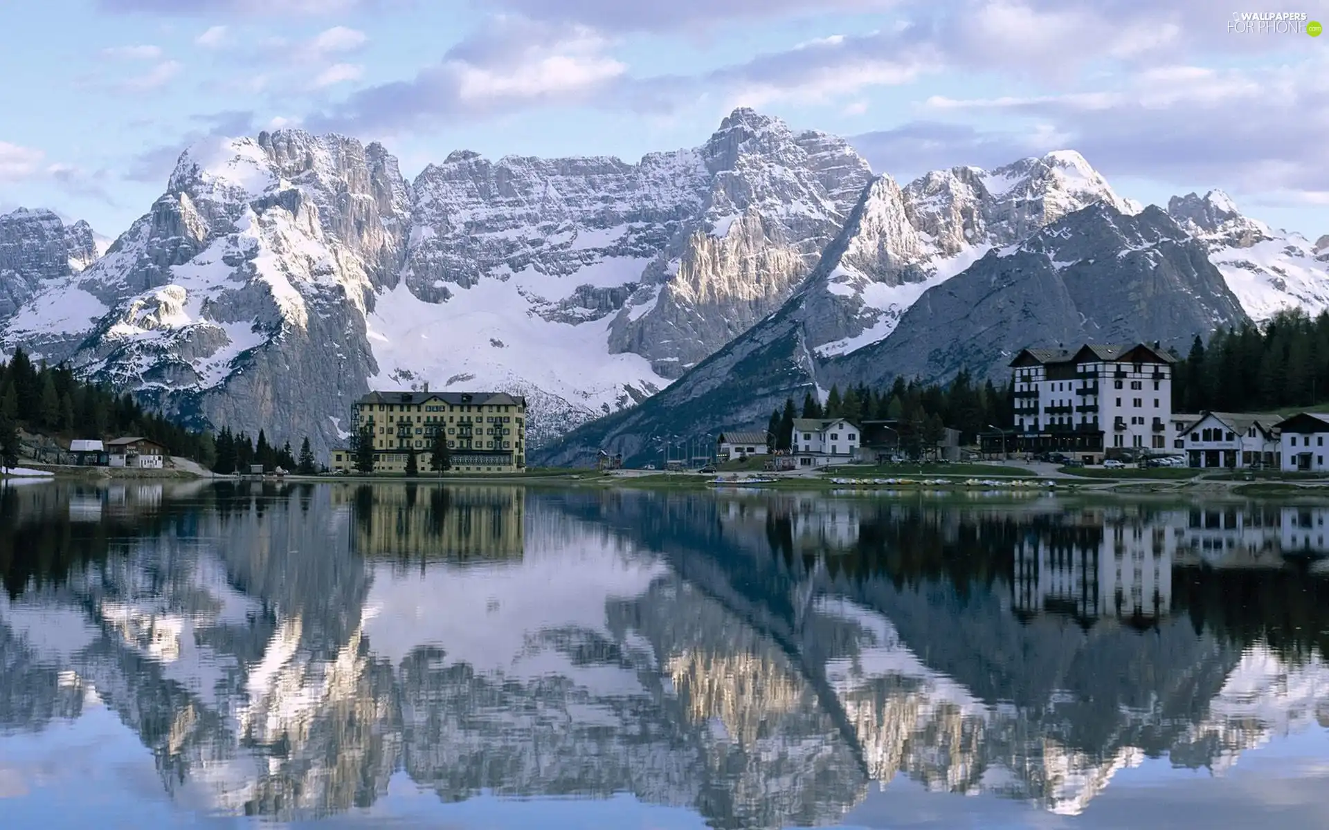 Mountains, buildings, winter, lake