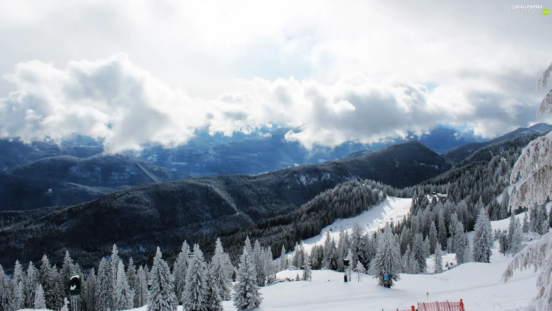 Mountains, clouds, winter, woods