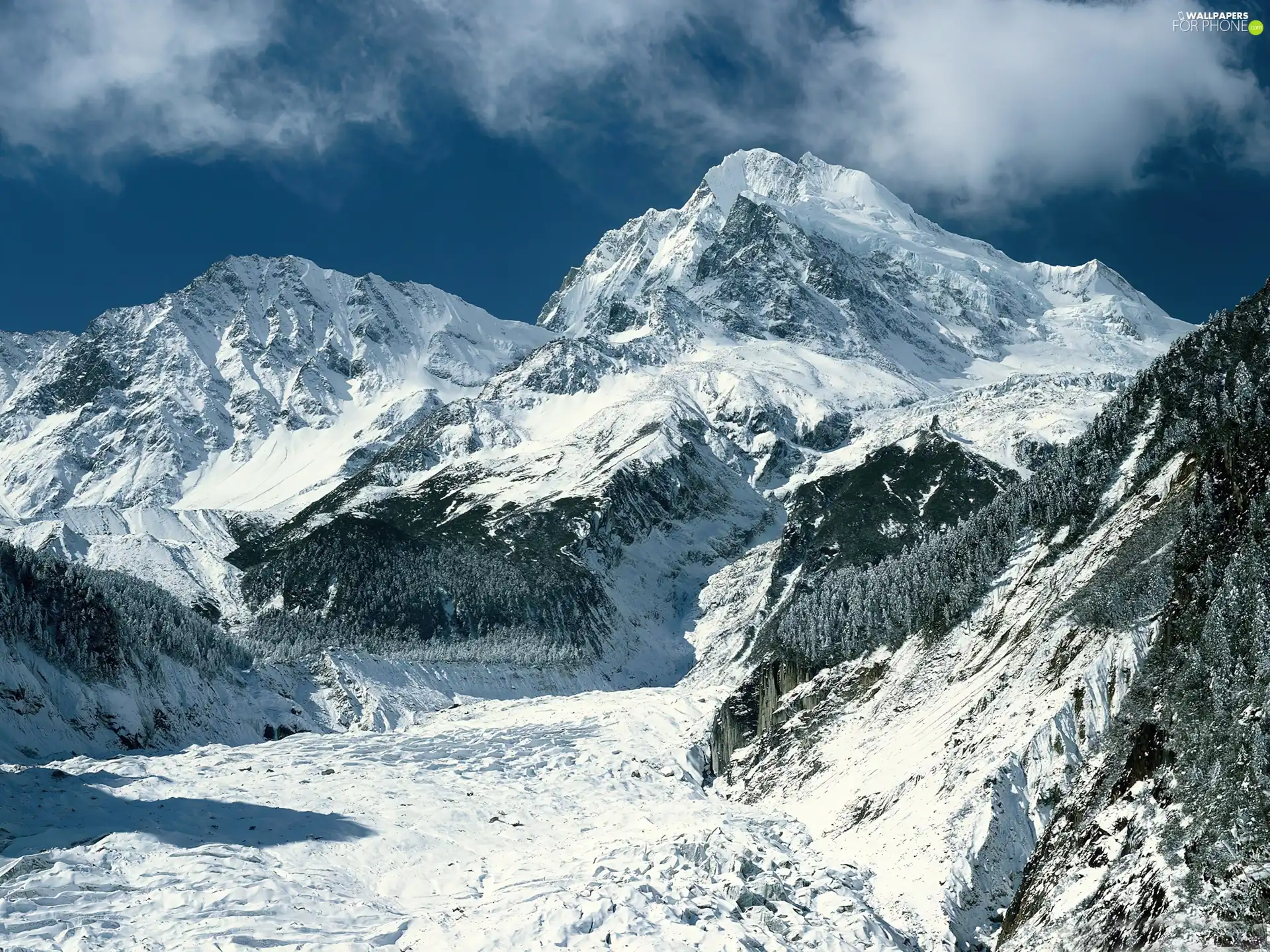 Mountains, forest, winter, clouds