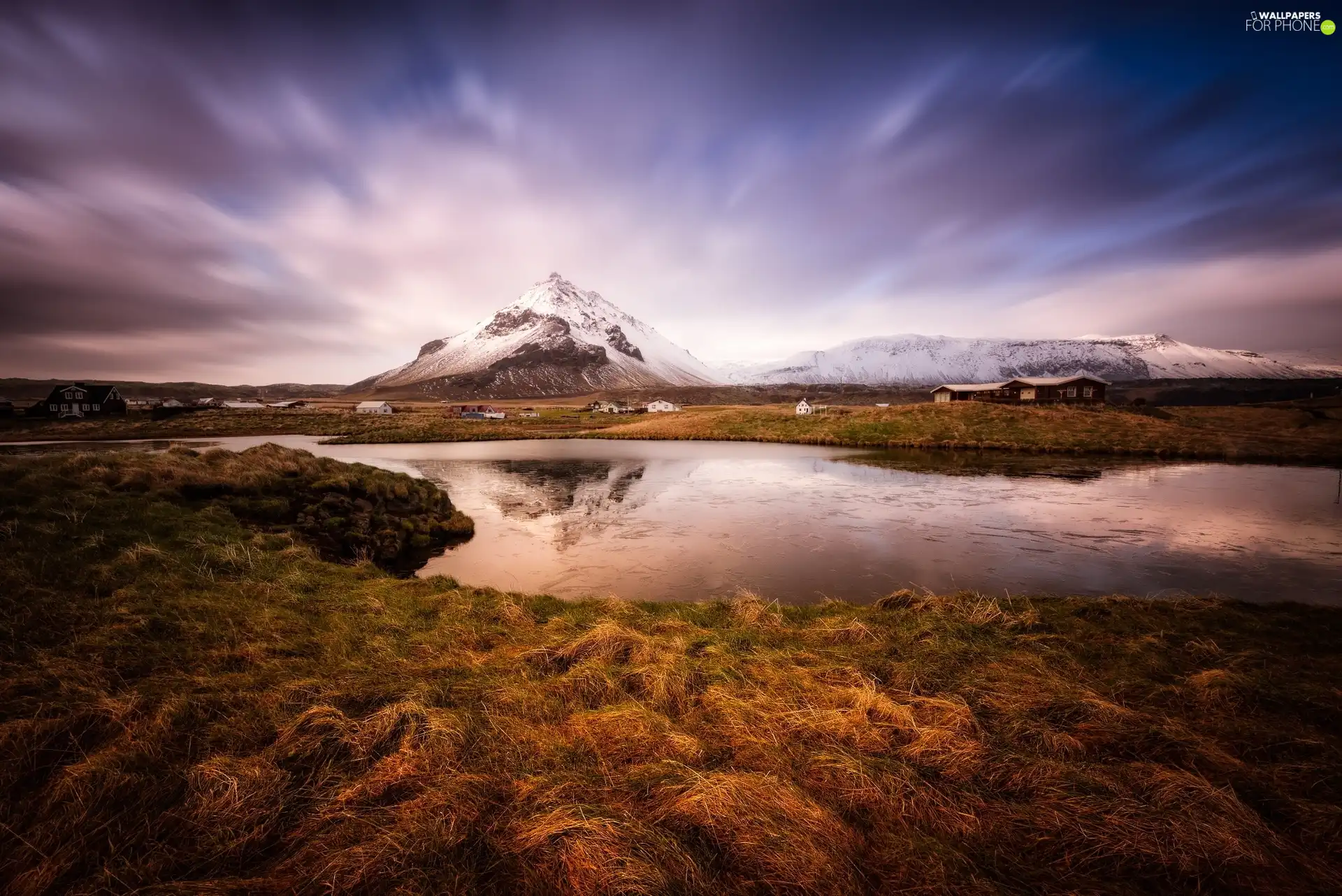 mountains, lake, grass, winter