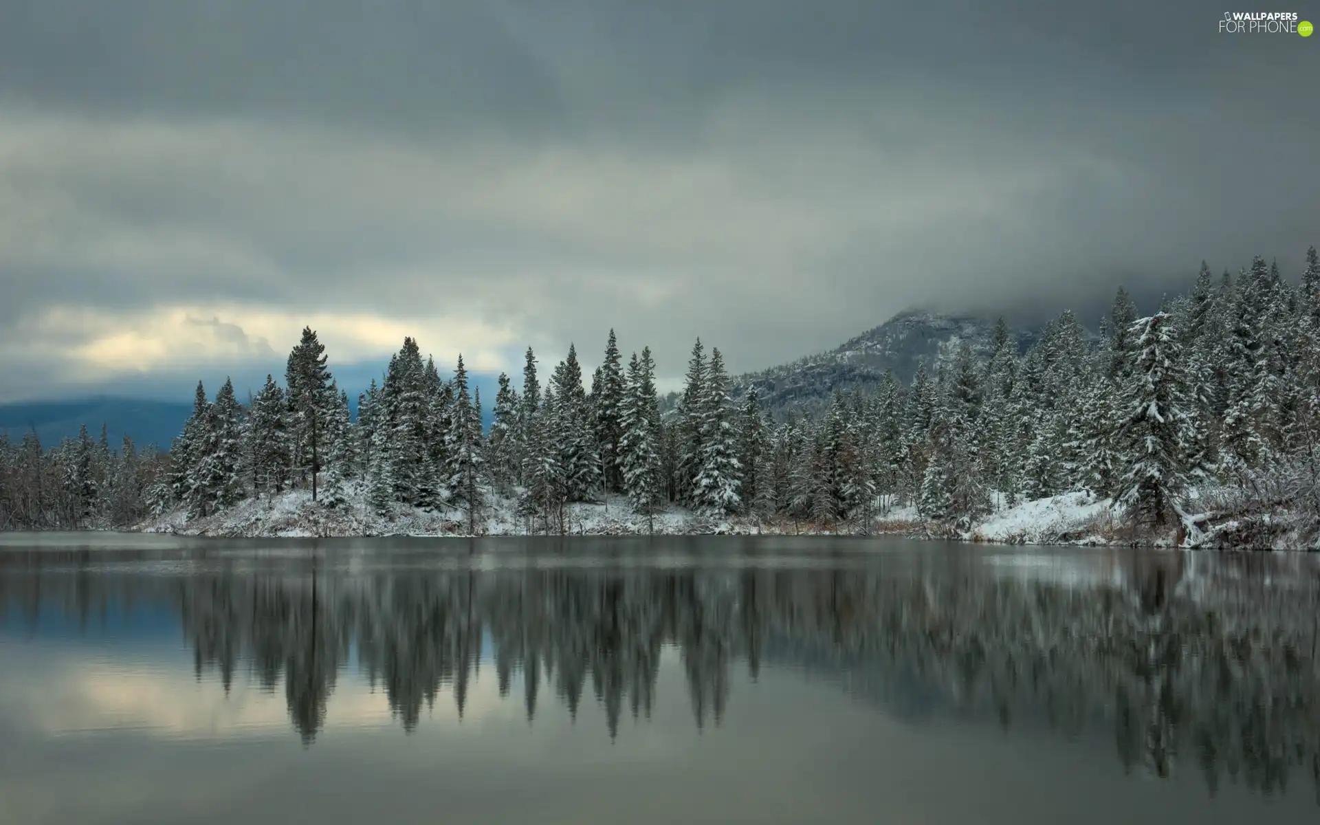 Mountains, lake, winter, forest