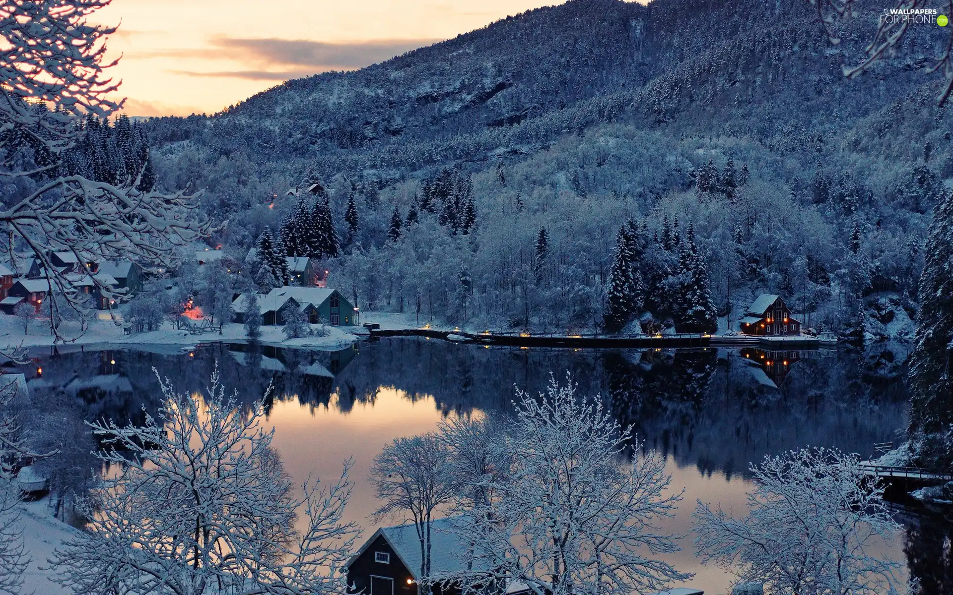 winter, Night, Mountains, Houses, River