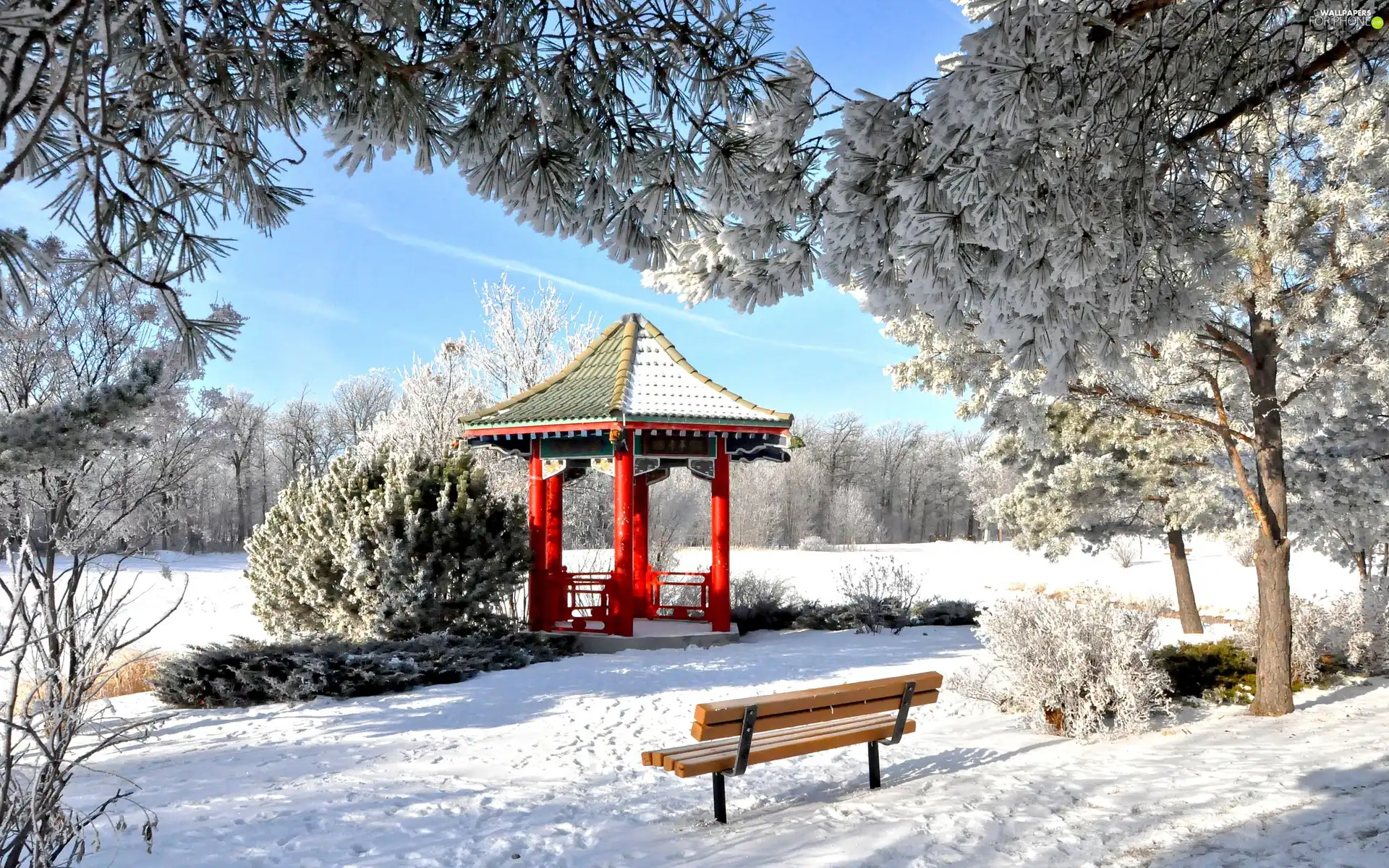 winter, arbour, viewes, Park, trees, Bench