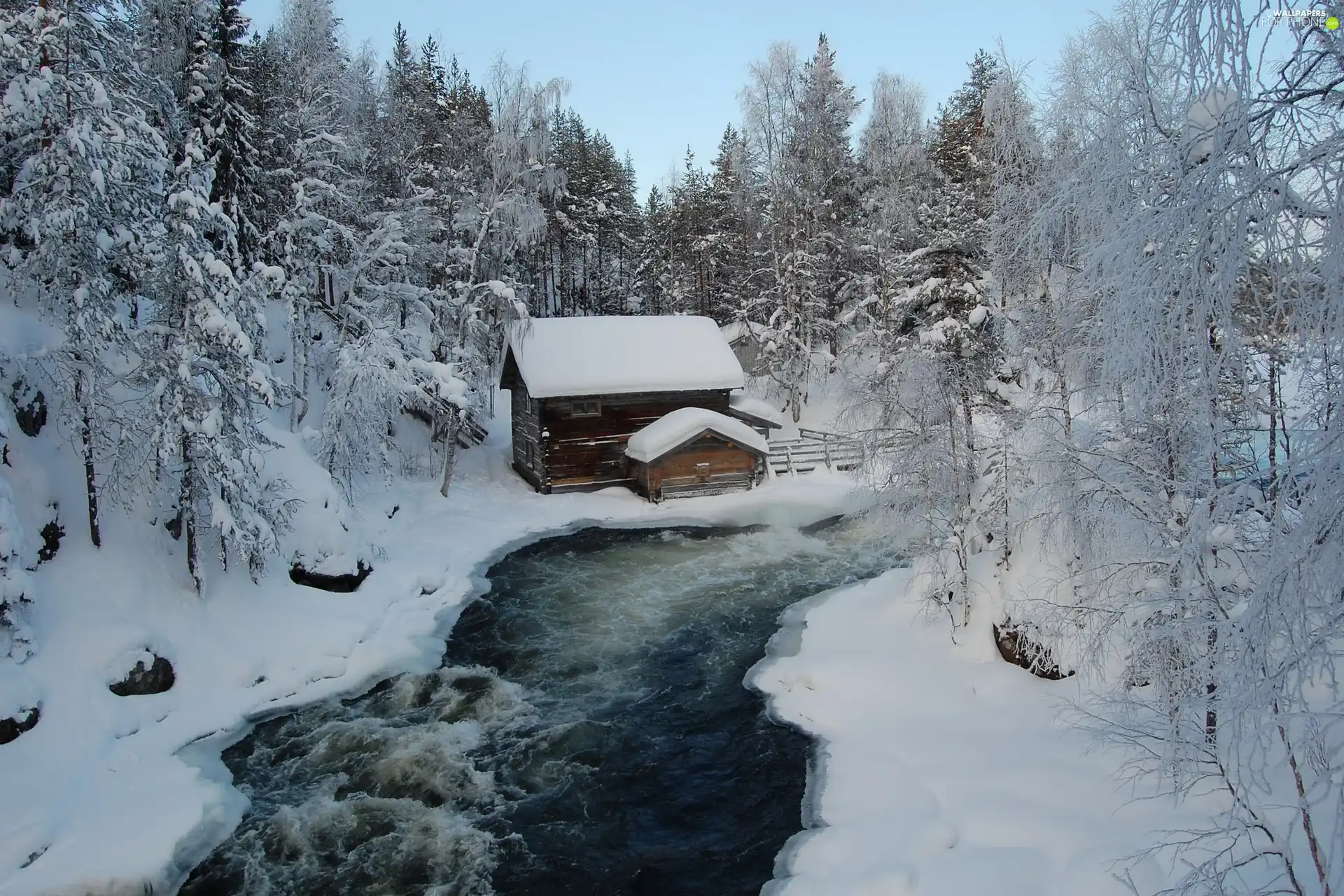 River, house, winter, forest