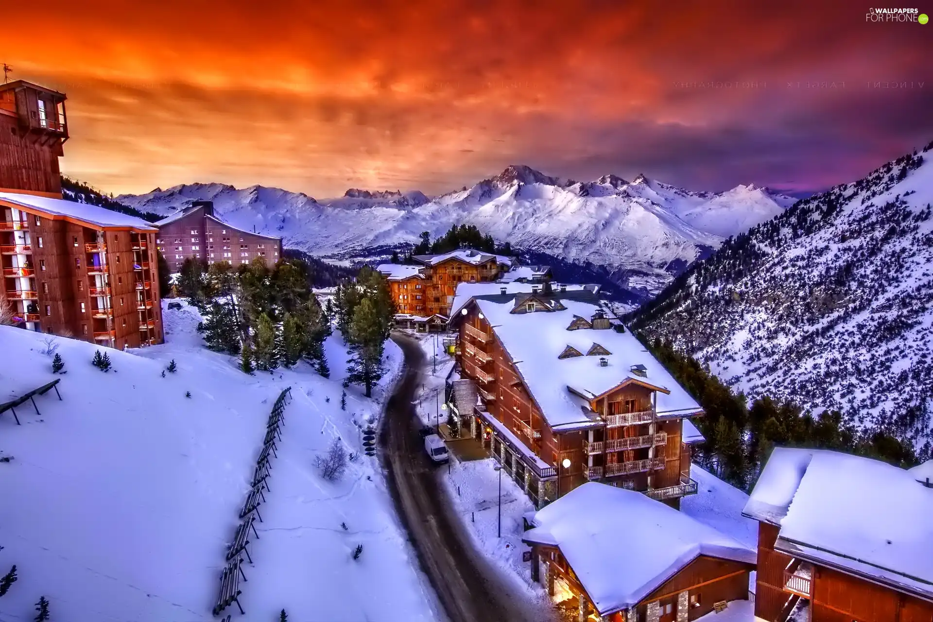 Town, Way, winter, Mountains