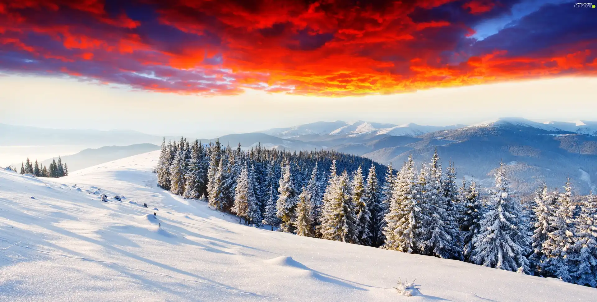 west, Mountains, winter, sun