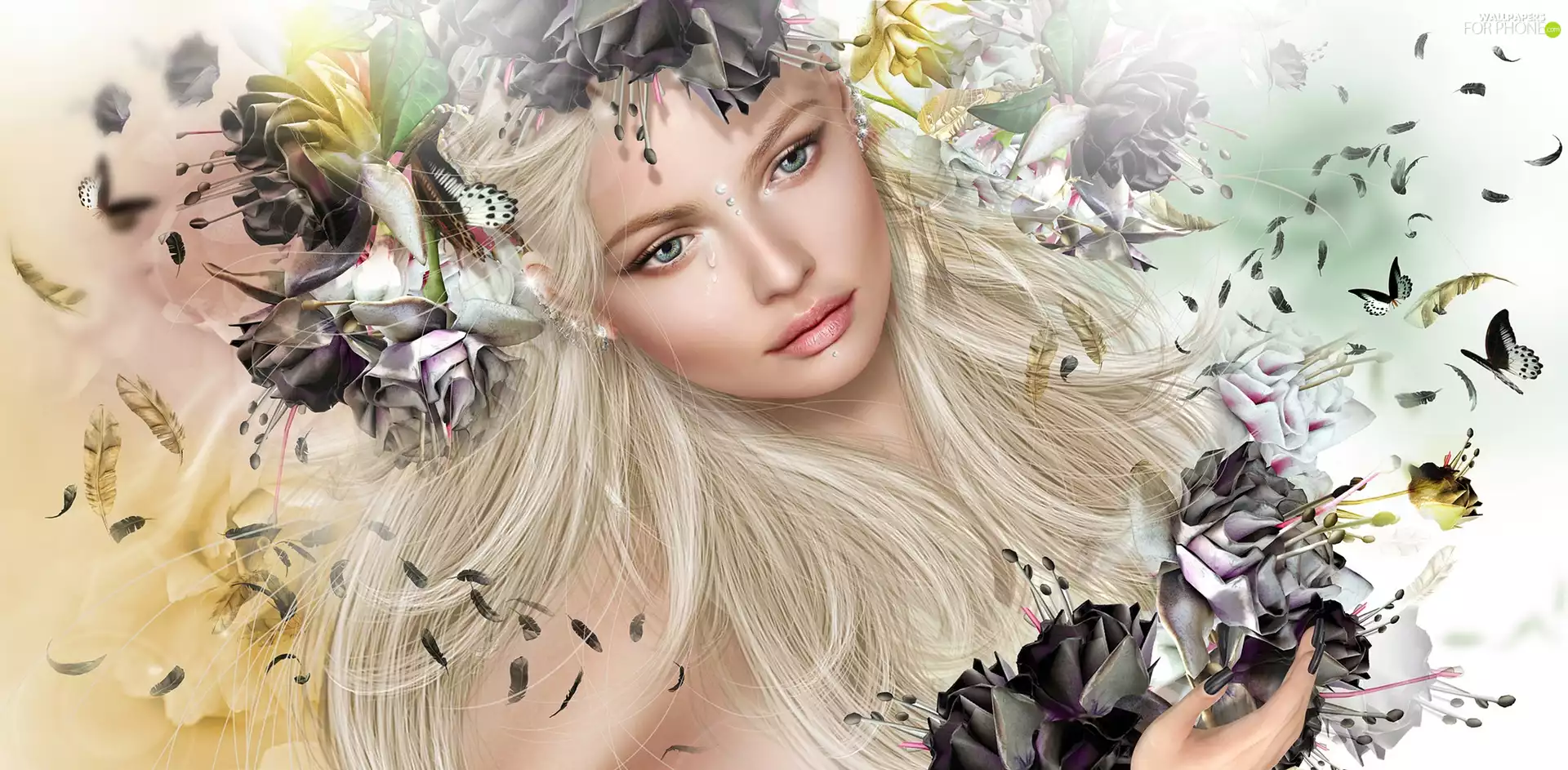 Flowers, 2D Graphics, Women, tears, Blonde