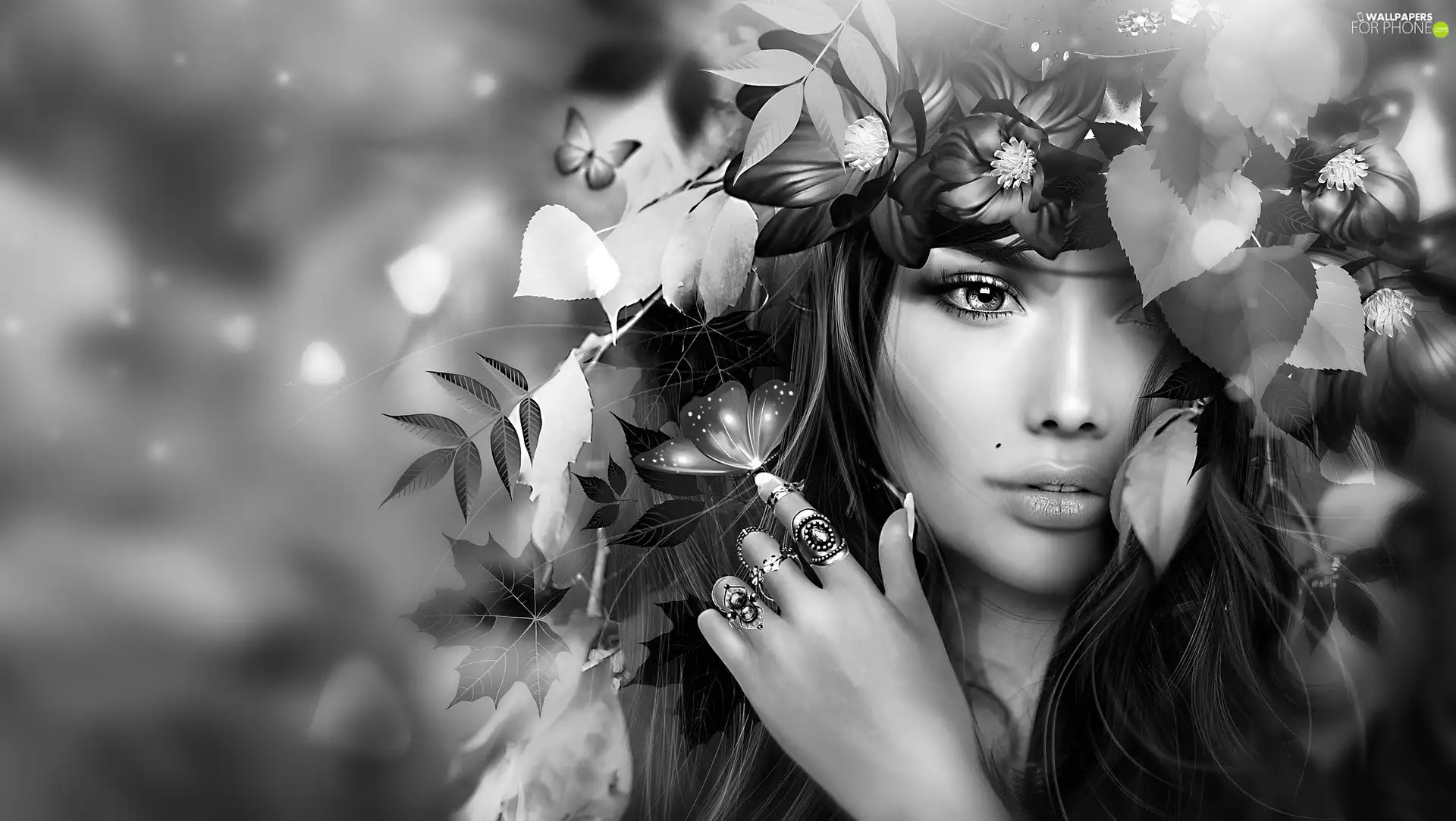 Leaf, 2D Graphics, Black and white, rings, Women