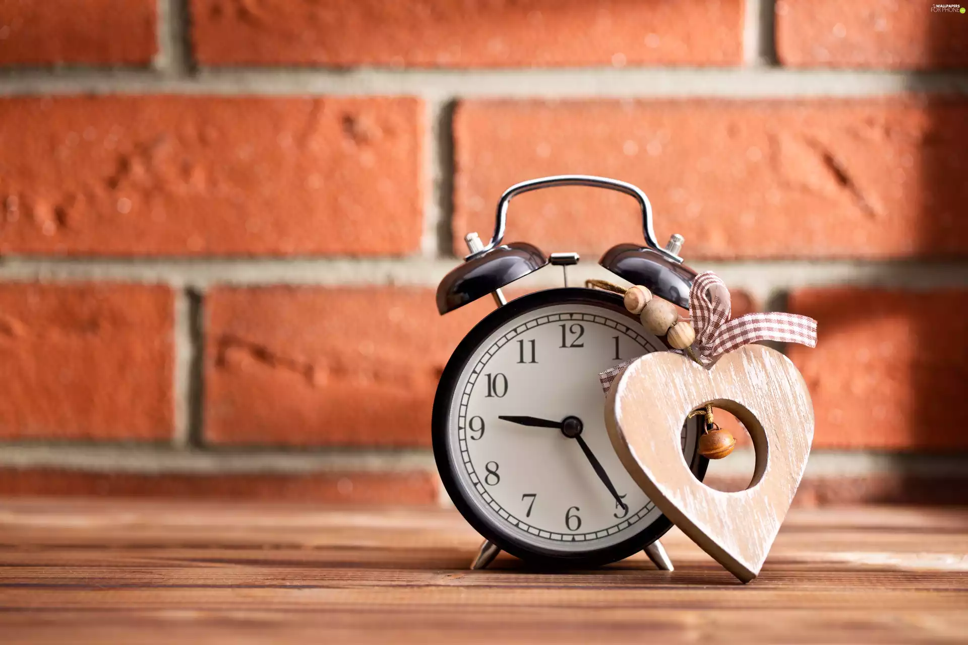 wood, alarm clock, wall, Pendant, composition, Heart teddybear, brick