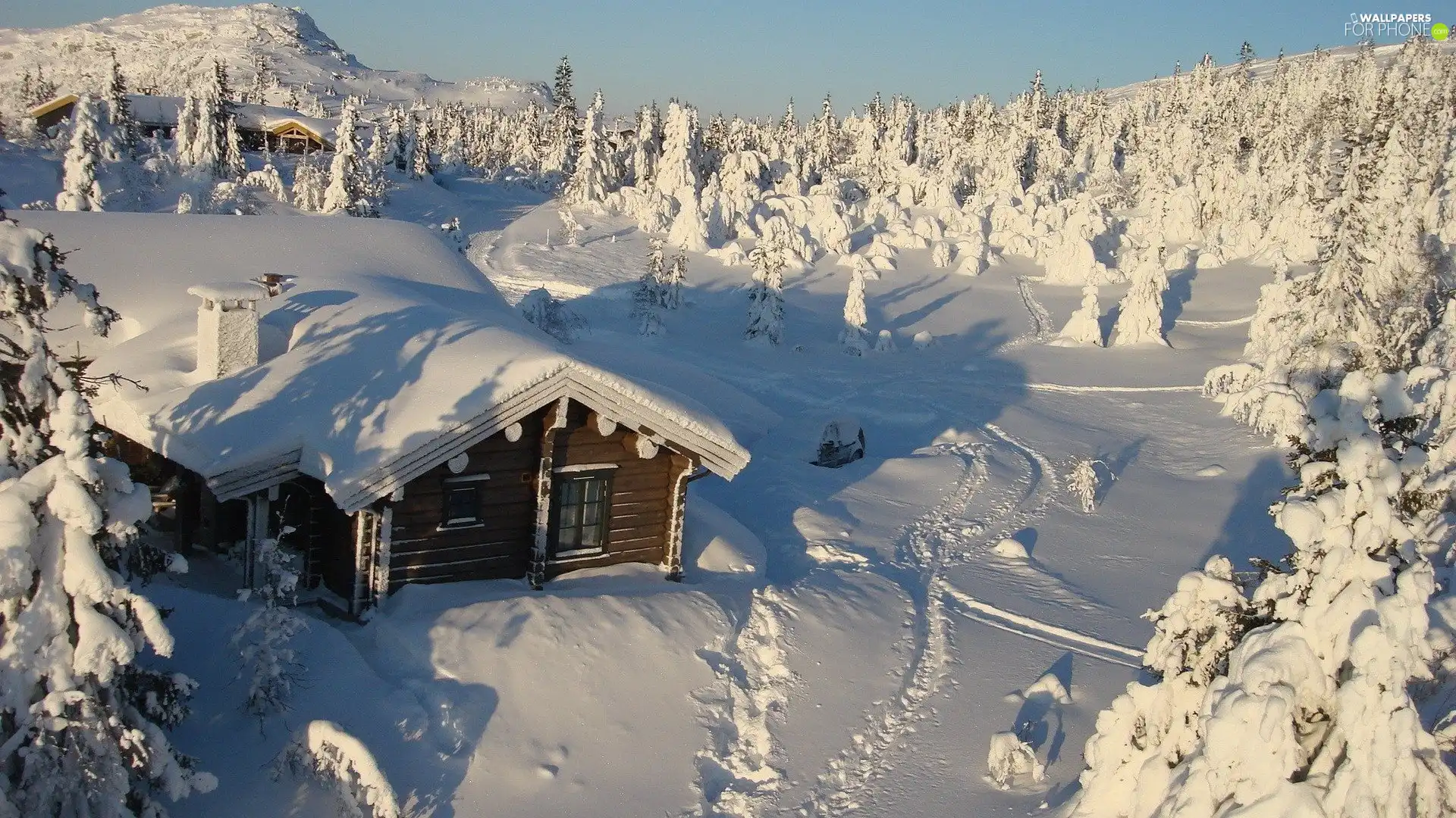 Wooden, Cottage, drifts, snow, Mountains