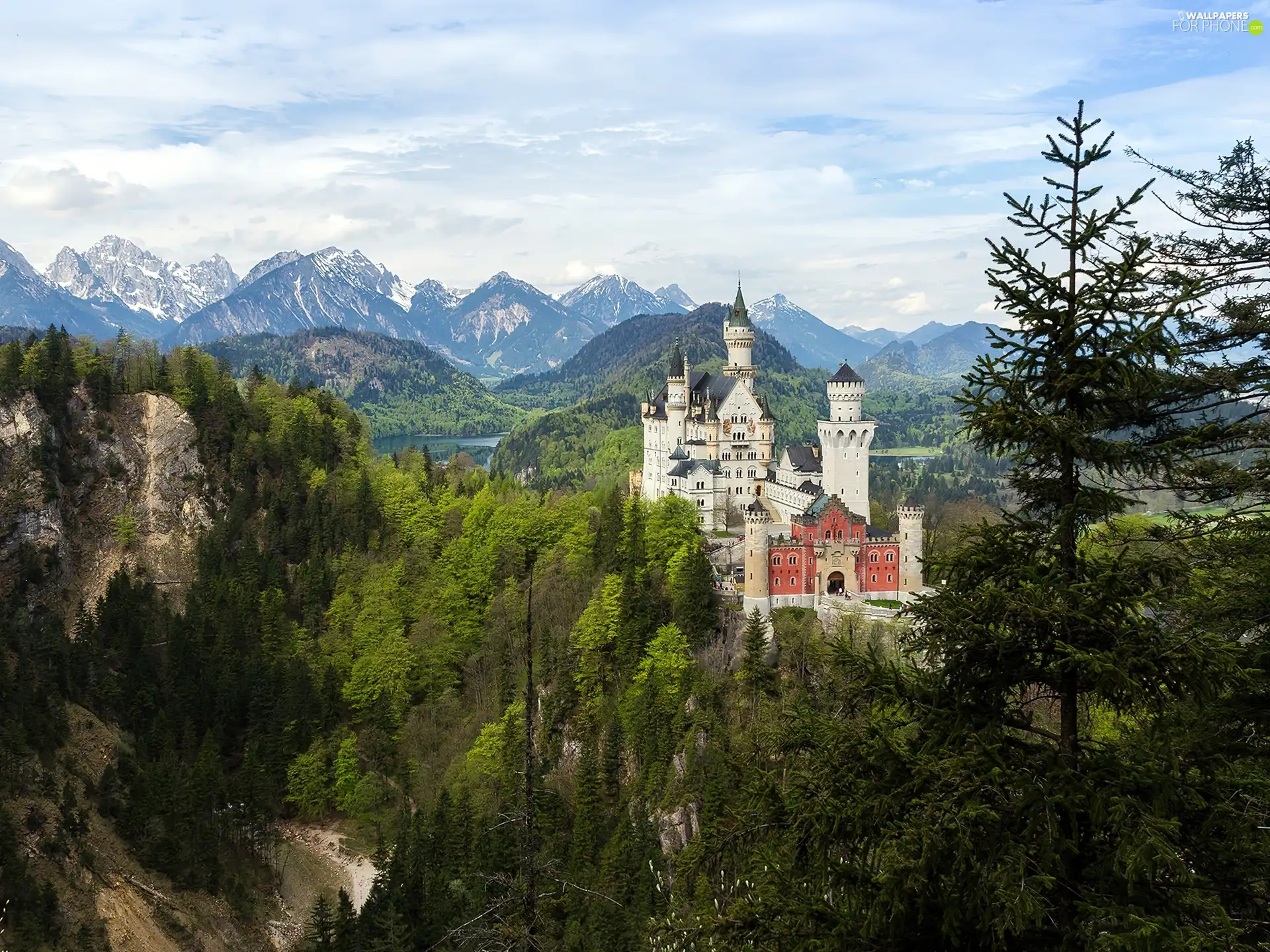 Castle, Mountains, woods, Neuschwanstein