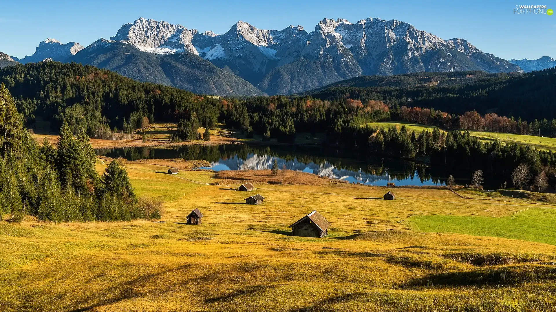 woods, Alps Mountains, Bavaria, Houses, Geroldsee Lake, Krun City, Germany