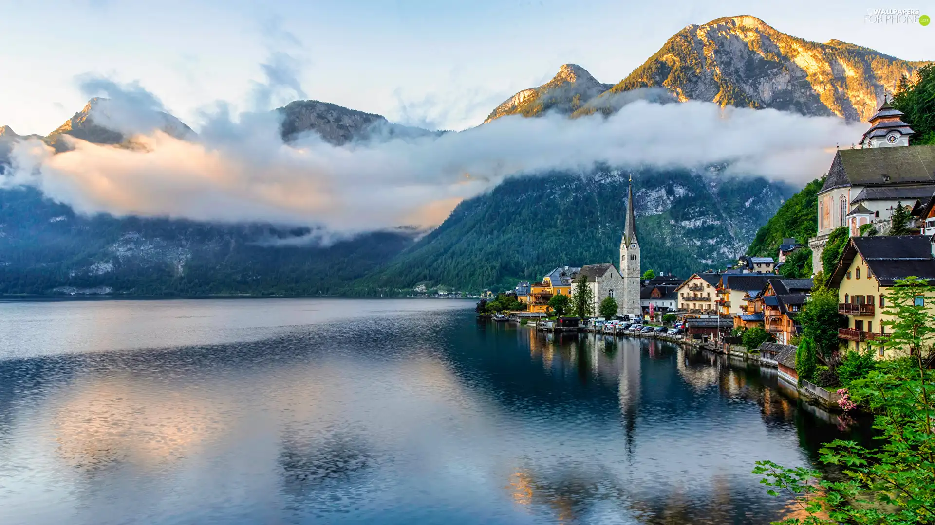 Hallstatt, Town, Houses, woods, Fog, Church, viewes, Austria, Hallstattersee Lake, trees, Alps, Mountains