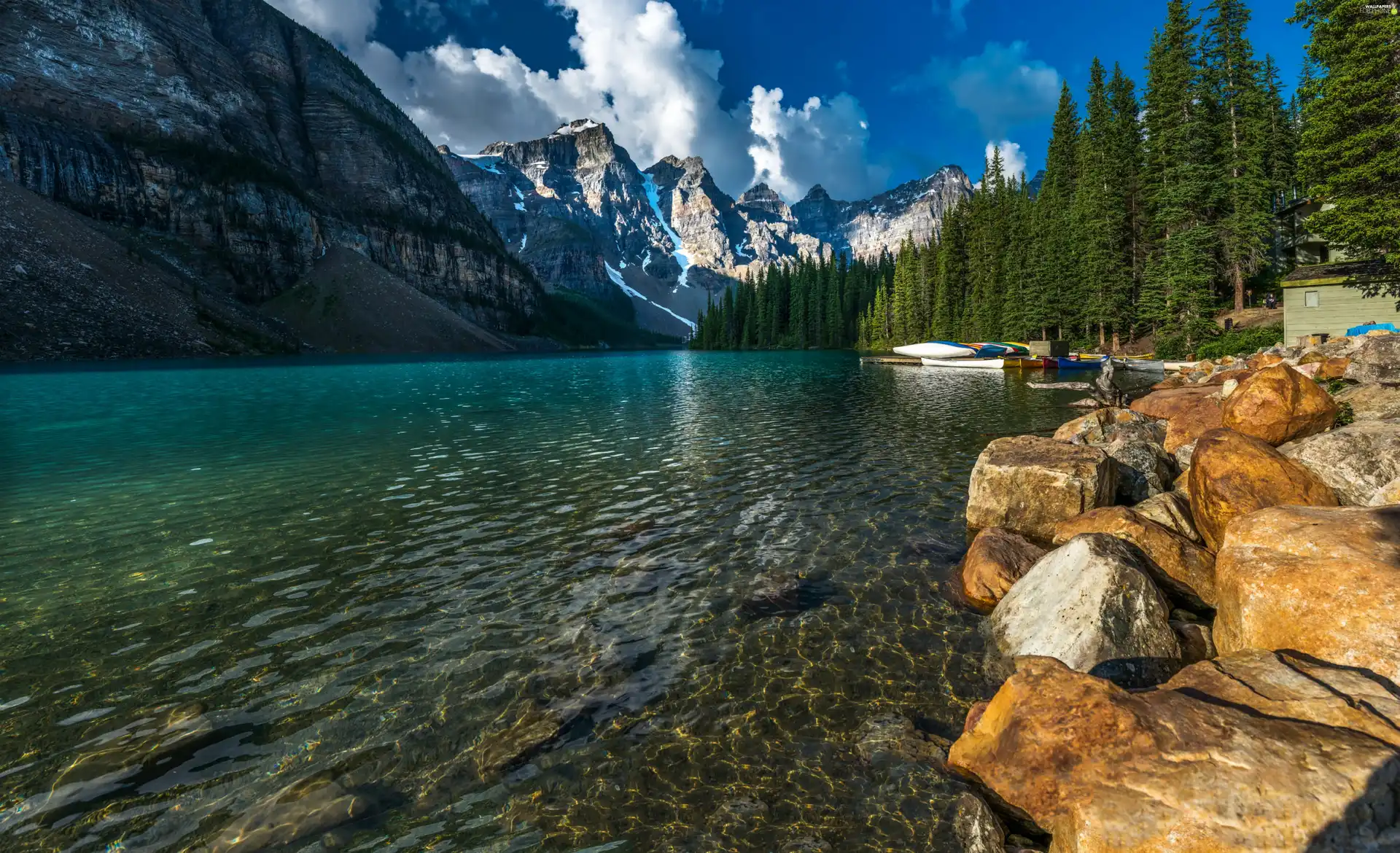 lake, Mountains, woods, Stones