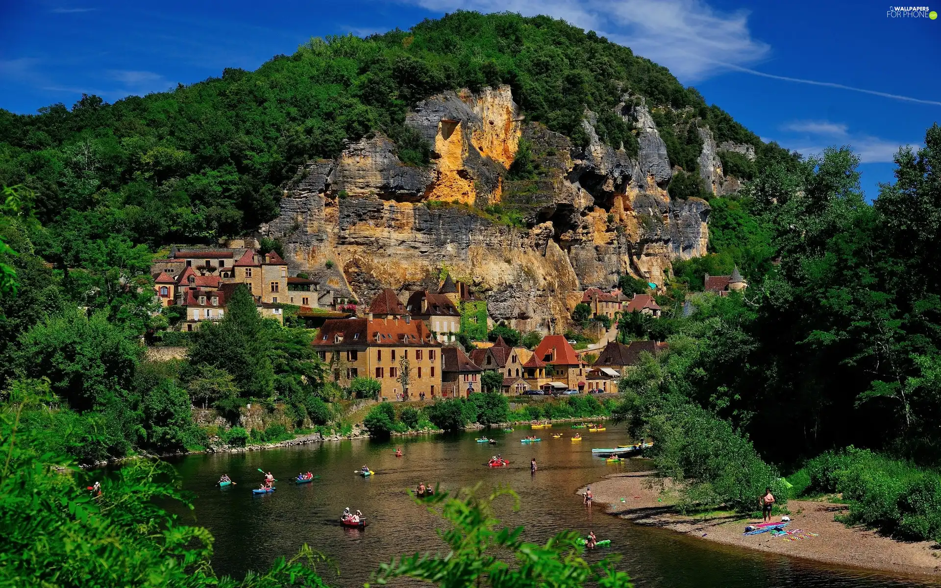 People, River, woods, spa, Rocks, boats