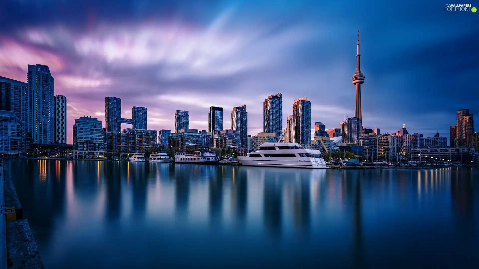 Yacht, skyscrapers, Toronto, Canada, Lake Ontario, The CN Tower