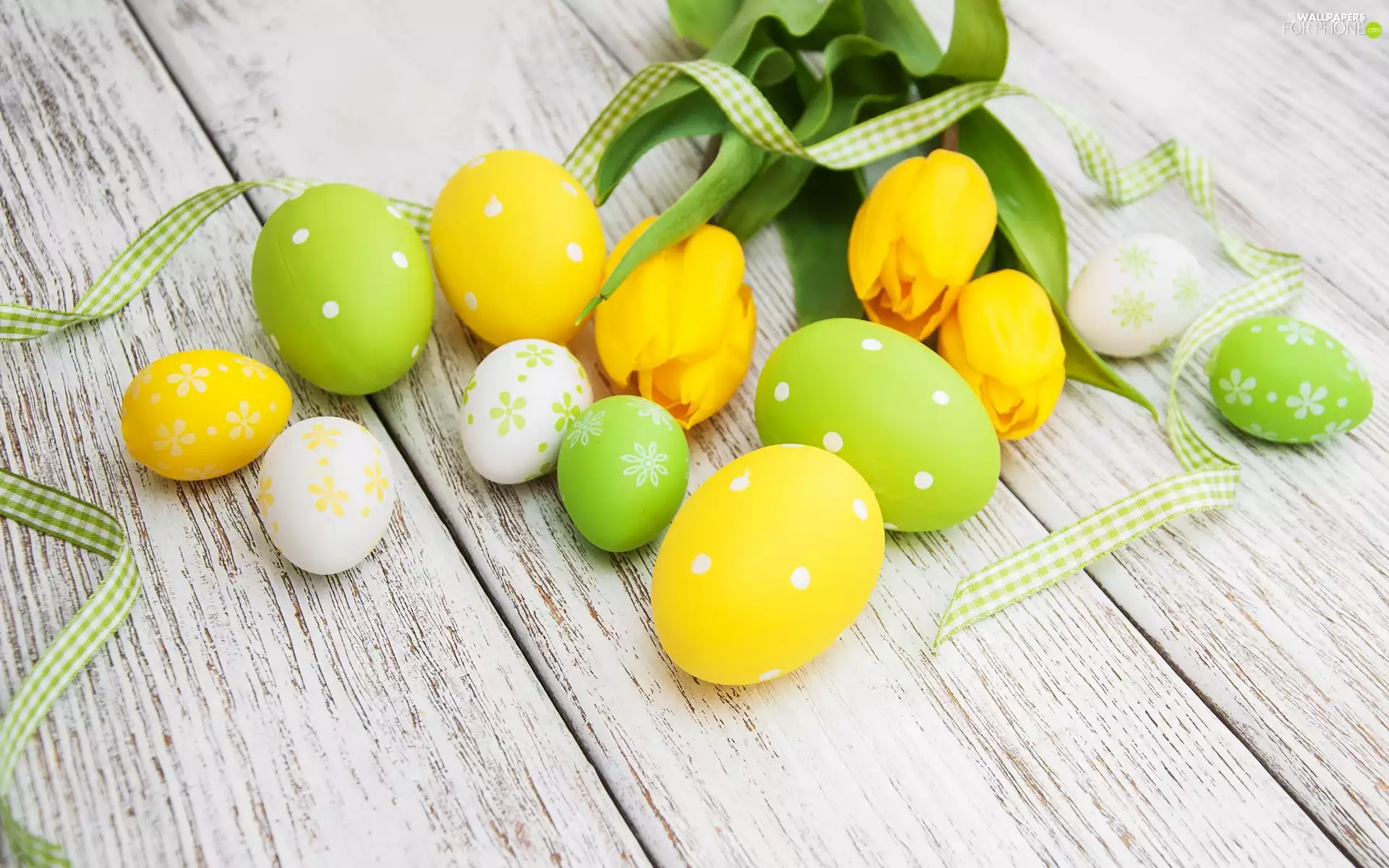Tulips, Flowers, ribbon, Yellow, Easter, eggs, boarding
