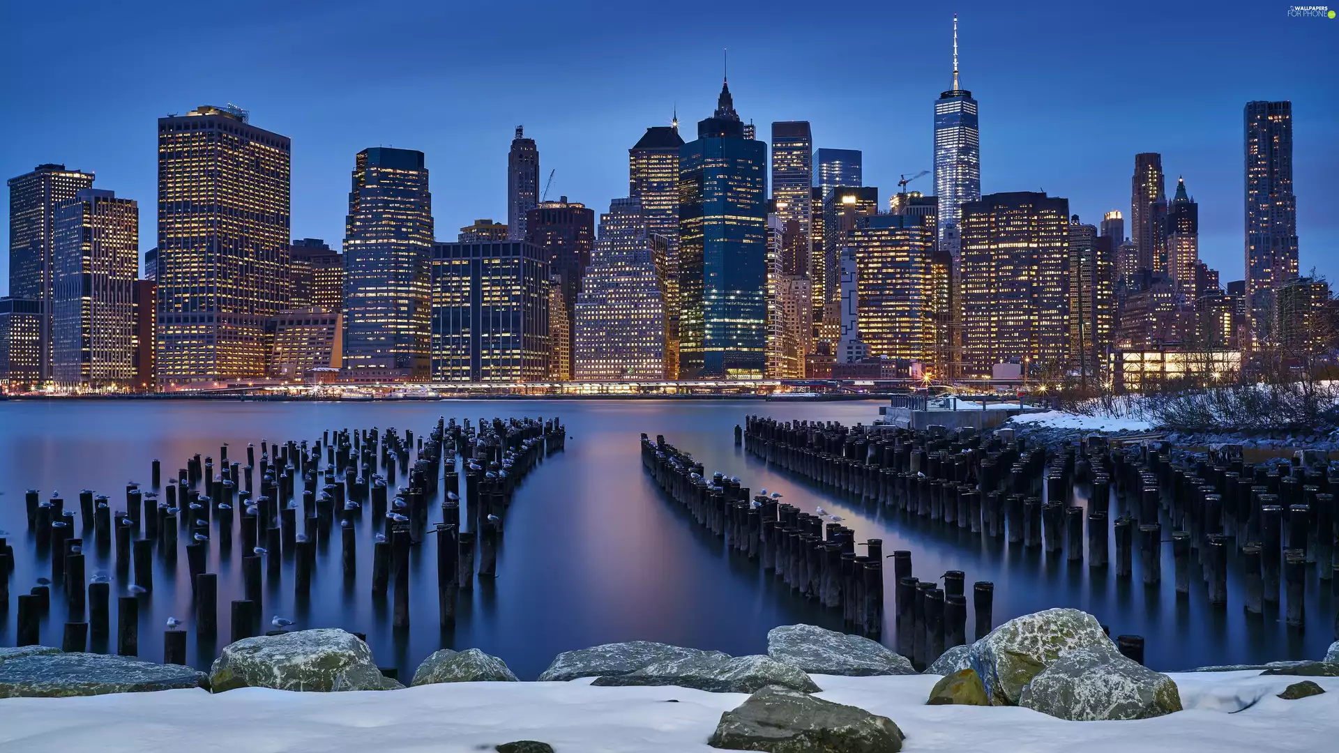 Manhattan, skyscrapers, winter, sea, Night, New York, The United States, Gulf